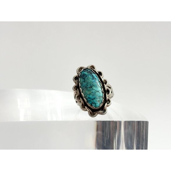 Turquoise Oval Southwest Sterling Vintage Scalloped Navajo Ring - sz 5.25 - Picture 2 of 9